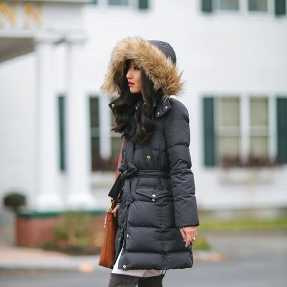 J. Crew Womens Wintress Faux Fur Trim Hooded Winter Puffer Coat Brown Size M - Picture 1 of 16